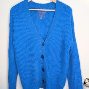 Too Foxy Blue Fuzzy Knit Button Front Cardigan Size M
